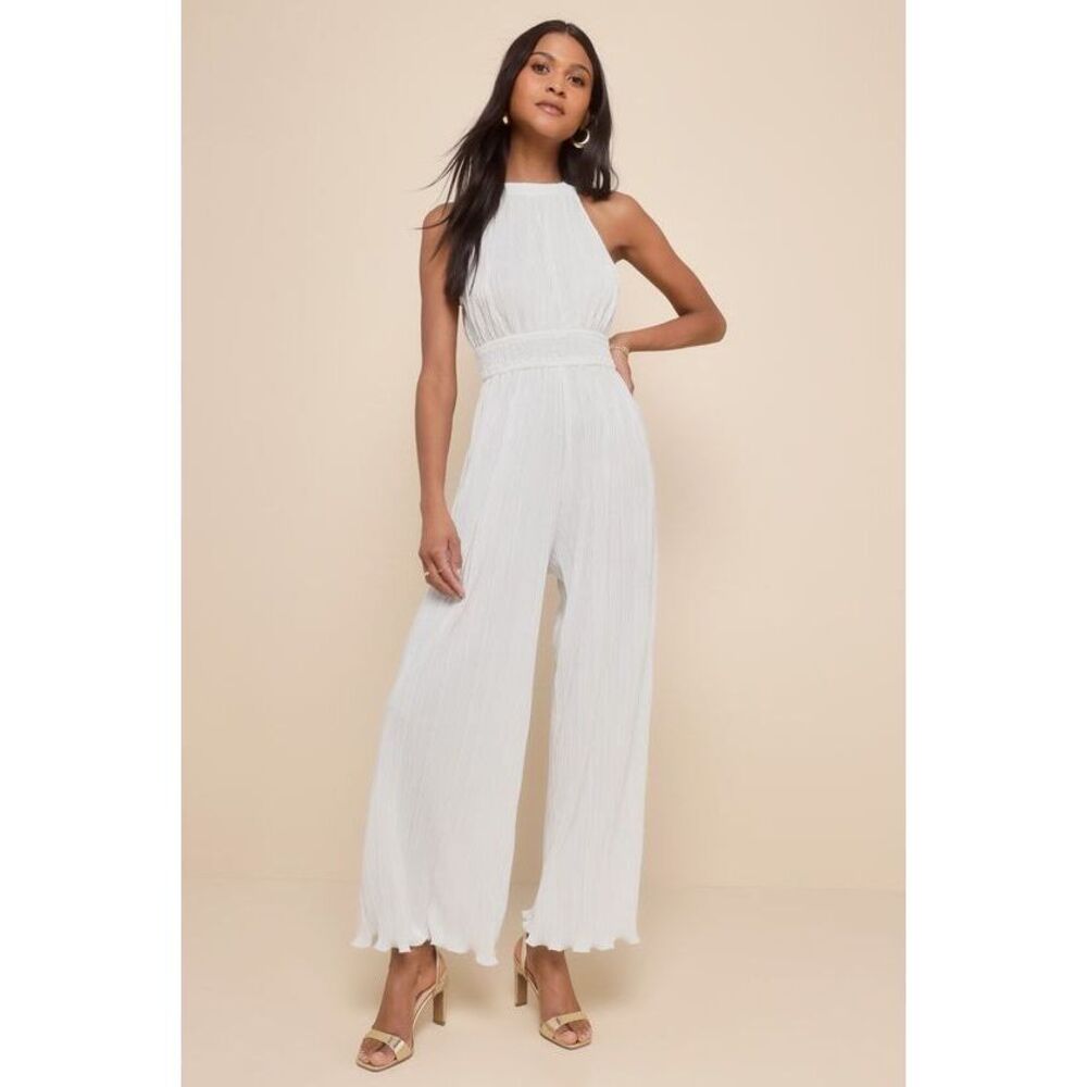 Lulus Flawless Mindset Ivory Satin Plisse Tie-back Jumpsuit White - Size M